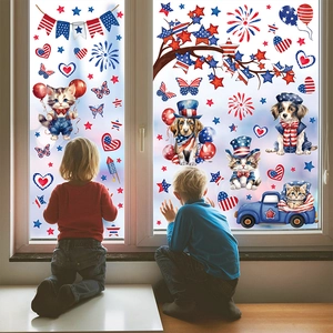 Stickers de fenêtre patriotiques du 4 juillet avec chat, chien et étoiles pour la décoration