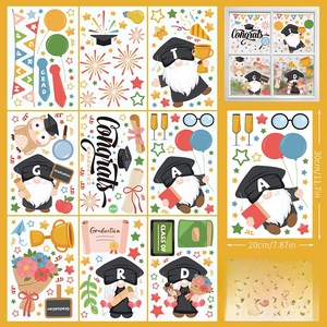 Detail view of 9-sheet set of graduation window stickers with gnomes and diplomas