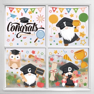 Cartoon graduation gnome window stickers set with owl trophy and congrats grad slogans