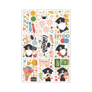 Detail of 9-piece graduation gnome sticker set featuring colorful owls and diplomas