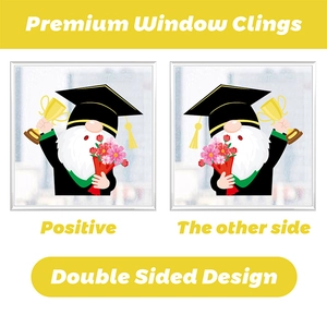 Close-up of double-sided graduation gnome window cling with trophy and flower bouquet