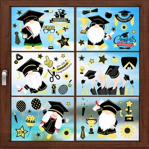 Graduation Window Clings Static PVC Double Sided Cartoon Gnome Stickers For School Party Decoration Black And Gold