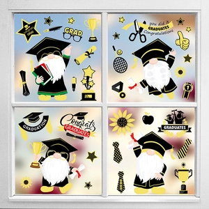 Graduation gnome window clings set with trophies and scrolls for party decoration