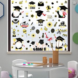Graduation gnome window clings set with trophies and banners for school party decor