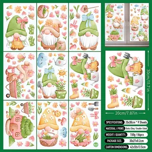 Detailed sheet of spring gnome window clings showing dimensions and watercolor floral patterns