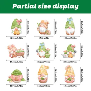 Detailed size guide for spring garden gnome window stickers with specific dimensions