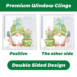 Detail of double-sided gnome window cling with spring floral and garden shovel patterns