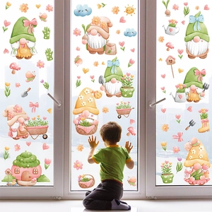 Spring garden gnomes and floral window clings set for glass decoration in home setting