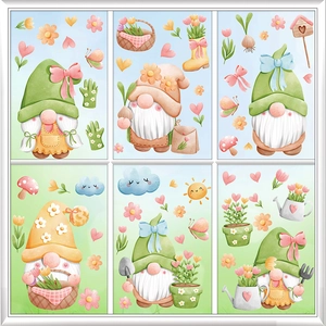 Spring gnome window stickers with floral patterns and butterflies for glass decor