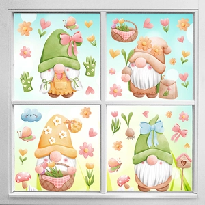Spring gnomes and floral window stickers set for home glass wall decoration