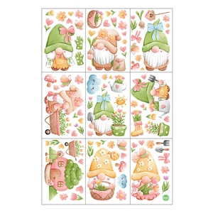 Detailed sheet showing nine spring garden gnomes with tulips and sunflower decals