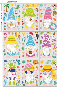 Detailed grid showing 9 colorful Hawaiian summer gnome static window stickers with beach tools