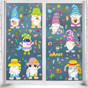 Detailed view of summer gnome window clings on glass featuring tropical palm trees