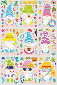 Close-up of summer gnome window decals with surfing boards and tropical palm tree elements
