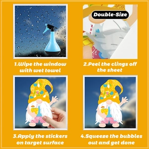 Detail of double-sided summer gnome window cling with 4-step installation guide