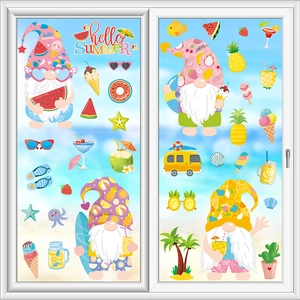 Detail of Hawaii summer gnome window clings featuring watermelon and surfing board themes