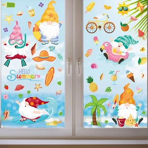 Stickers électrostatiques de gnomes d'été à la plage avec palmiers et décors