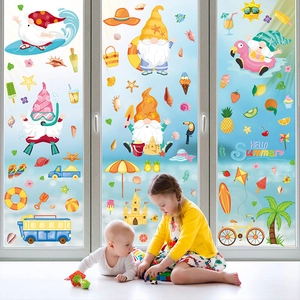 Stickers électrostatiques gnomes d'été Hawaï avec gnomes surfeurs et motifs plage