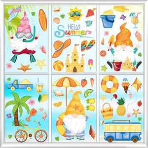 Détail de stickers de fenêtre gnomes d'été et éléments de plage pour vitres