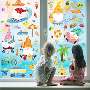 Détail de stickers de fenêtre Hello Summer avec nains de jardin et motifs de plage