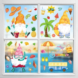 Détail de stickers gnomes d'Hawaï pour fenêtre avec cocotiers et décorations d'été