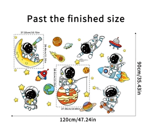 Cartoon astronaut wall sticker set with planets and rockets for kids bedroom decor
