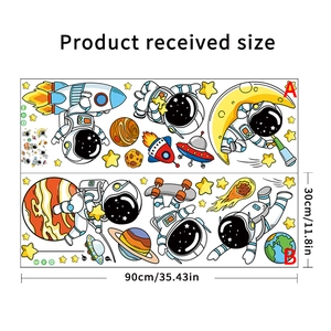 Detailed sheet showing cartoon astronaut space wall stickers with dimensions 90cm by 30cm
