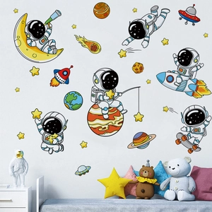 Cartoon astronaut space wall stickers set for kids bedroom with planets and stars