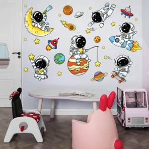 Cartoon astronaut and space theme wall stickers for kids room decor with planets and rockets