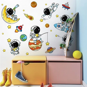 Cartoon Astronaut Space Wall Stickers PVC Waterproof Removable For Kids Room Nursery Planets Rocket