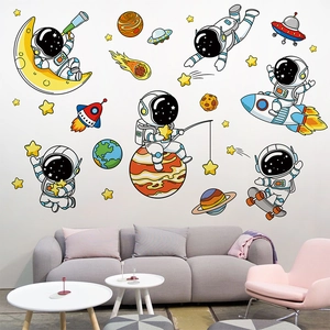 Cartoon astronaut space wall decals set featuring planets and stars for living room decor