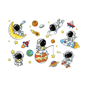 Detail showing 6 cartoon astronaut wall stickers with planets, rockets and stars elements
