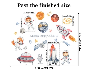 Detailed view of watercolor space stickers showing astronaut and planet decals for kids room