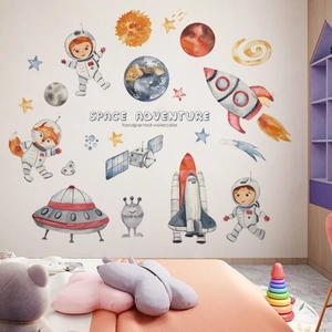 Detail of watercolor space wall stickers with astronauts and planets in a bedroom setting
