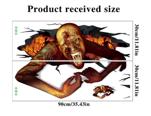 Detailed dimensions of 3D Halloween zombie wall decal showing 90x60cm layout size