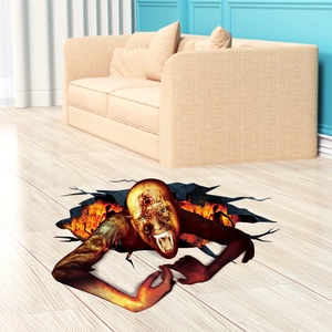 3D Halloween floor decal featuring a terrifying monster emerging from fiery ground cracks