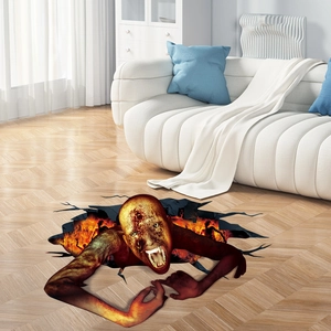 3D Halloween floor decal featuring a zombie emerging from fire for home party decor