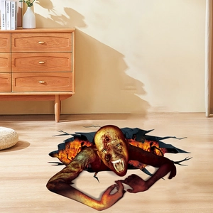 3D Halloween floor sticker featuring a creepy zombie emerging from cracked ground flames
