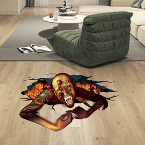 Macro detail of 3D Halloween floor decal showing a zombie emerging from fire