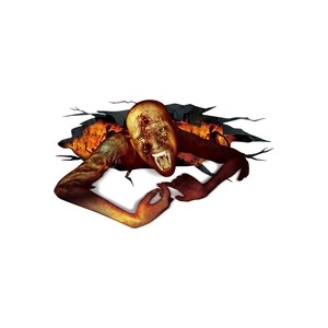 Detailed view of 3D Halloween monster sticker crawling out of a realistic fiery crack