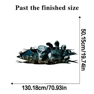 Detailed dimension guide for 3D Halloween wall sticker showing zombie tearing through wall