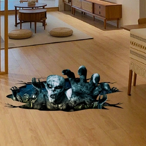 3D Halloween floor decal featuring a spooky zombie monster emerging from realistic ground cracks