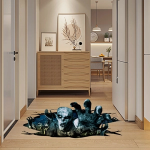 3D Halloween floor sticker showing a scary monster crawling from a broken blue abyss hole