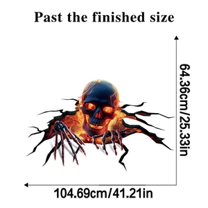 Detailed dimensions of 3D Halloween wall decal featuring a flaming skull breaking through a wall