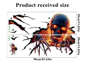 Detailed dimension sheet for 3D Halloween skull wall decals showing two 30x90cm PVC panels