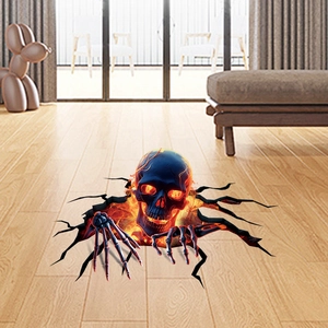 3D Halloween floor sticker featuring a flaming skull emerging from cracks on wood flooring