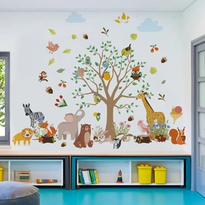Detailed view of forest animals wall stickers with cartoon lion, zebra and large tree