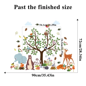 Detailed size chart of forest animals wall stickers featuring tree and cute wildlife