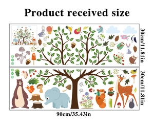 Detailed product dimensions for forest animal wall stickers on 30x90cm layout sheets
