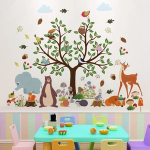 Detail of forest animal wall stickers with cartoon elephant and bear for kids room decor
